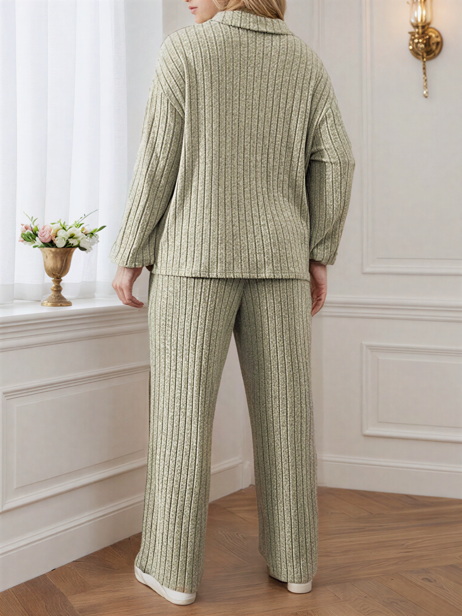 Conjunto Canelado com Suéter Gola V de Zíper e Calça Pantalona – Ivy