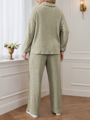 Conjunto Canelado com Suéter Gola V de Zíper e Calça Pantalona – Ivy