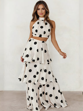Conjunto Poá em Chiffon com Top Halter e Saia Longa em Camadas - Sibeli [FRETE FULL]
