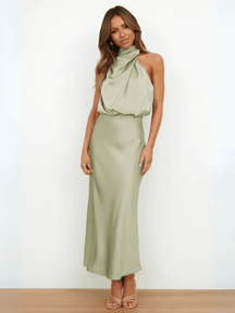 Vestido Midi Acetinado Acinturado com Gola Alta Drapeada Elegante – Rayca