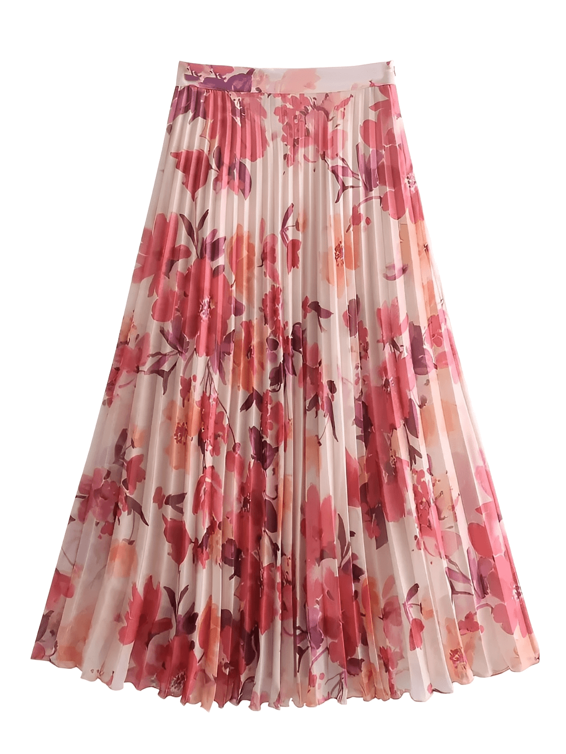 Conjunto Feminino Floral em Chiffon com Camisa Manga Longa e Saia Midi Plissada Cintura Alta  – Audrey