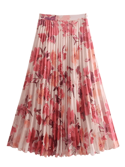 Conjunto Feminino Floral em Chiffon com Camisa Manga Longa e Saia Midi Plissada Cintura Alta  – Audrey