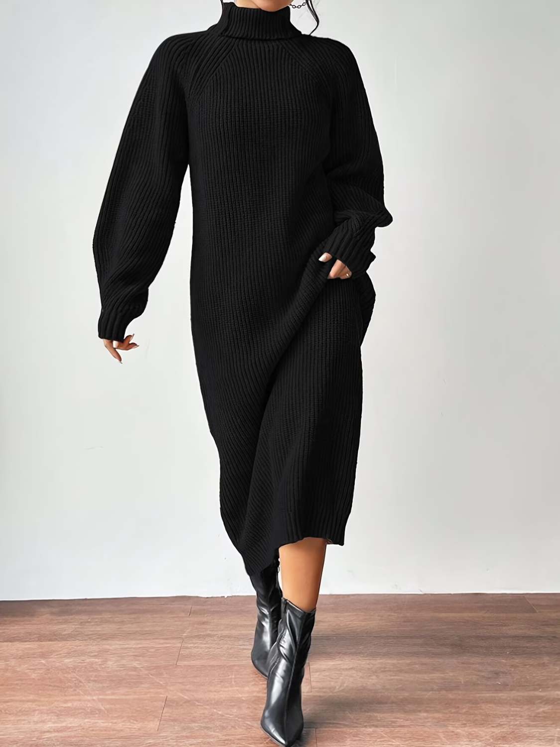 Vestido Suéter Midi em Tricô Canelado com Gola Alta e Mangas Longas -Julieta