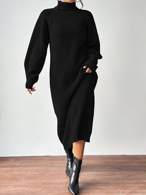 Vestido Suéter Midi em Tricô Canelado com Gola Alta e Mangas Longas -Julieta