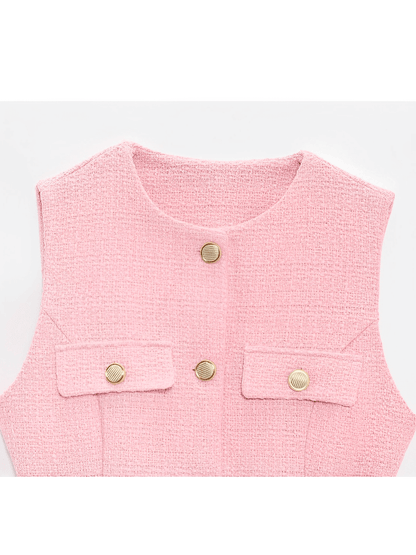 Colete Feminino Tweed Acinturado com Cinto e Bolsos Decorativo - Corine