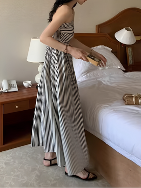 Vestido Maxi Listrado Tomara que Caia Cintura Franzida e Elástico  – Molie