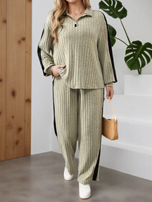 Conjunto Canelado com Suéter Gola V de Zíper e Calça Pantalona – Ivy