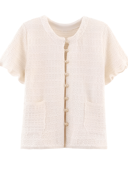 Conjunto Feminino em Tweed Texturizado com Blusa de Mangas Curtas Bolsos e Saia Longa Plissada em Duas Camadas - Suiany
