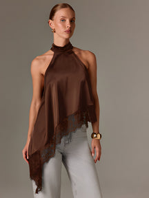 Blusa Halter Acetinada com Barra Assimétrica em Renda Delicada – Ximena