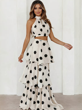 Conjunto Poá em Chiffon com Top Halter e Saia Longa em Camadas - Sibeli [FRETE FULL]