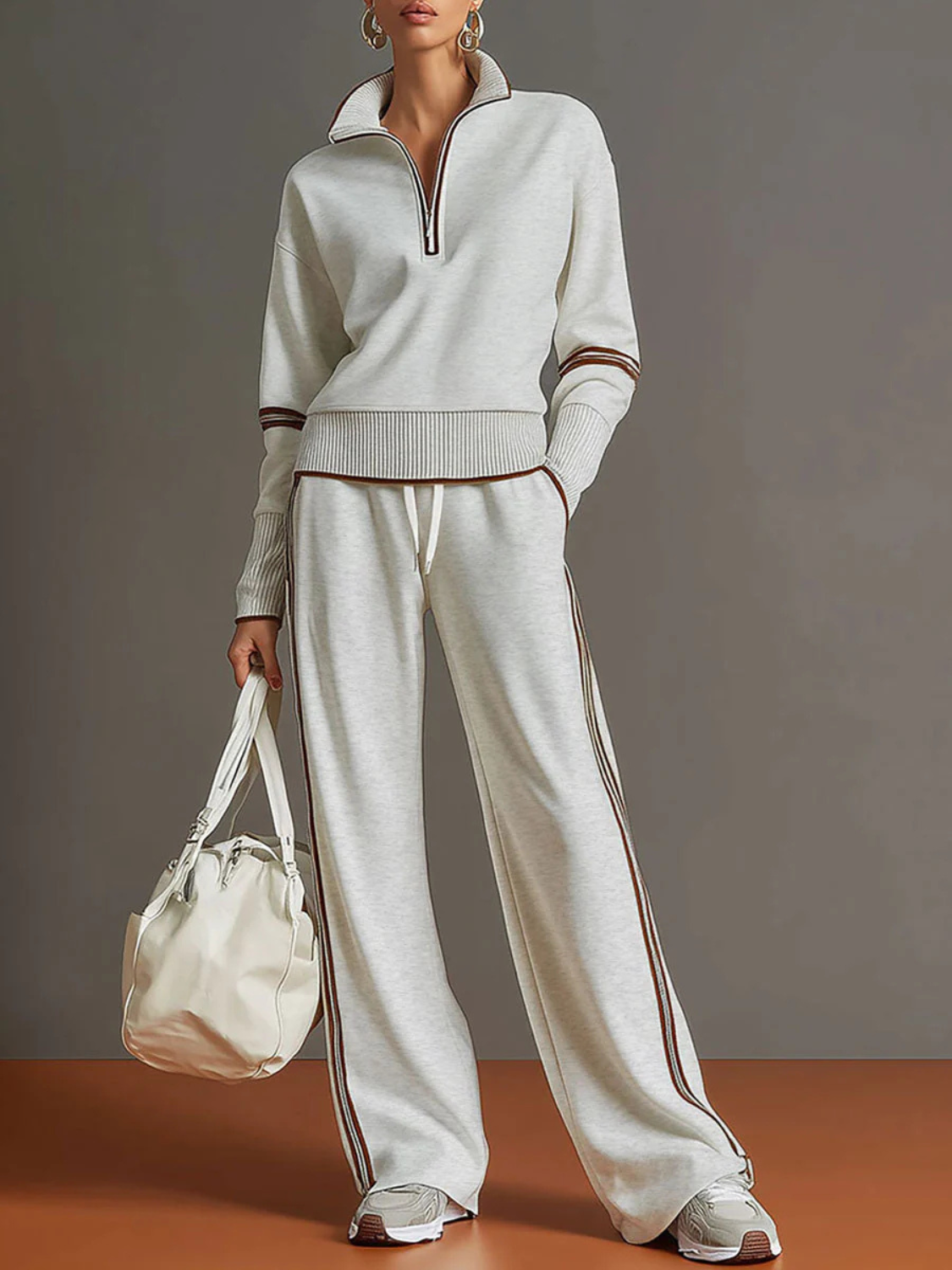 Conjunto com Suéter Meio Ziper Calça Wide Leg e Listras Elegantes- Jana