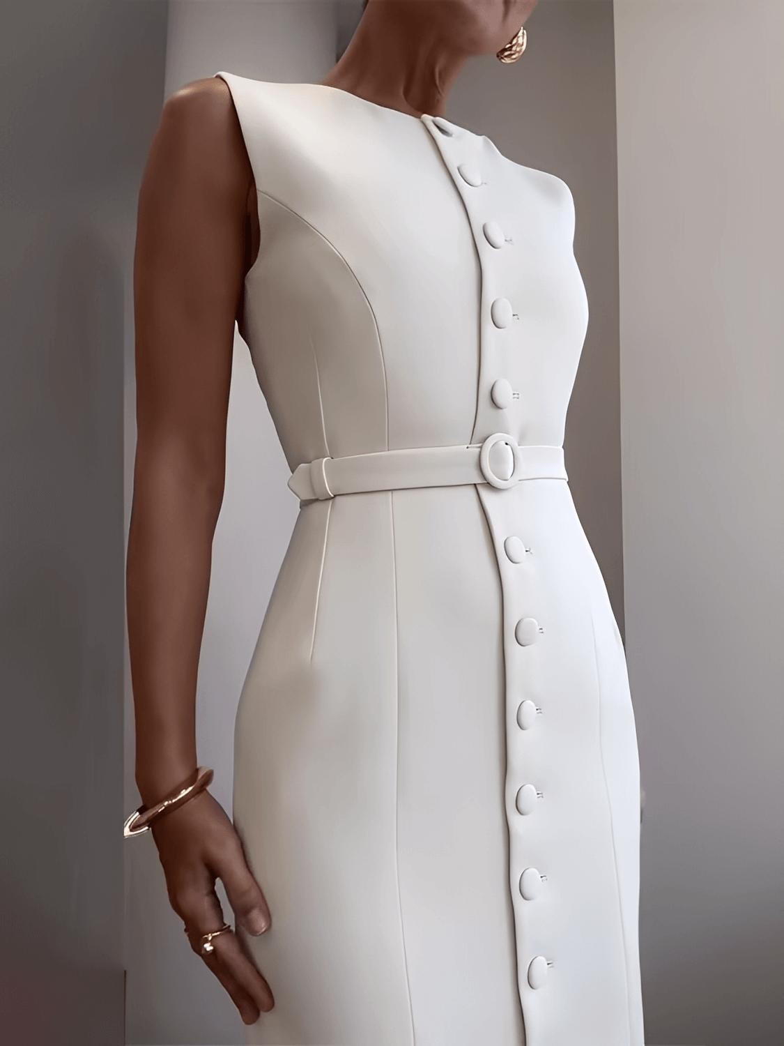 Vestido Feminino Midi Sem Mangas com Botões Forrados Cinto Decorativo e Fenda Sofisticada – Selena
