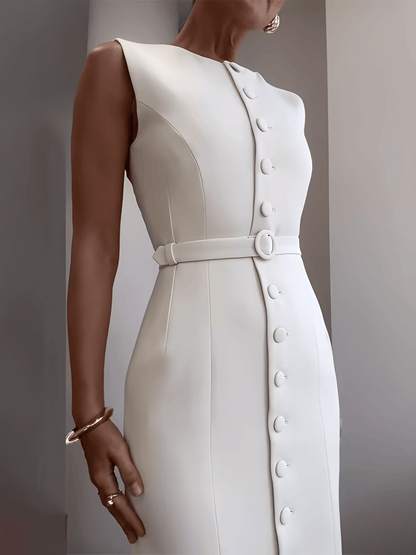 Vestido Feminino Midi Sem Mangas com Botões Forrados Cinto Decorativo e Fenda Sofisticada – Selena