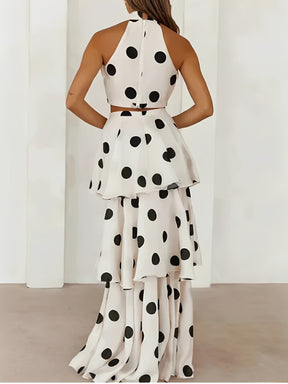 Conjunto Poá em Chiffon com Top Halter e Saia Longa em Camadas - Sibeli [FRETE FULL]