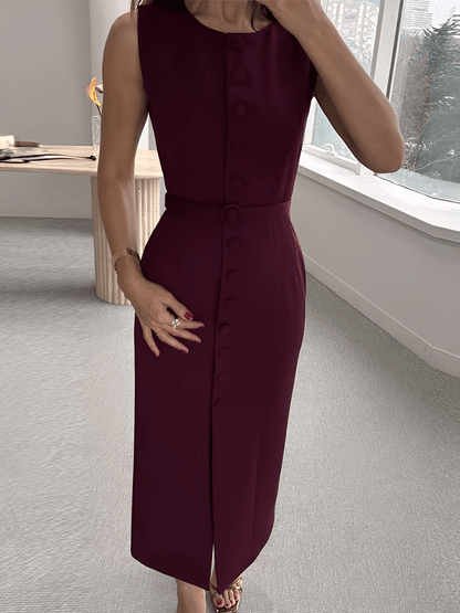 Vestido Feminino Midi Sem Mangas com Botões Forrados Cinto Decorativo e Fenda Sofisticada – Selena