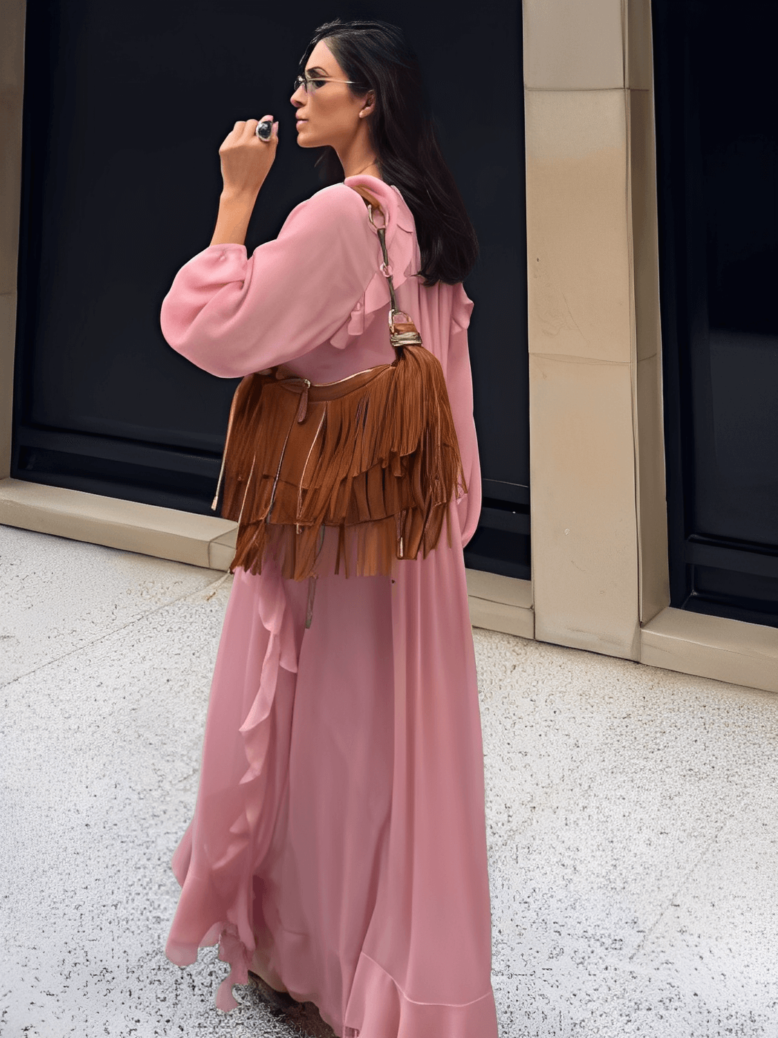 Vestido Longo em Chiffon com Babados Decote em V e Mangas Longas  – Amelie