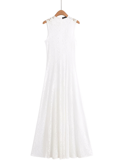 Vestido Feminino Midi em Renda Texturizada com Flores Acinturado e Acabamento Delicado  – Carlota