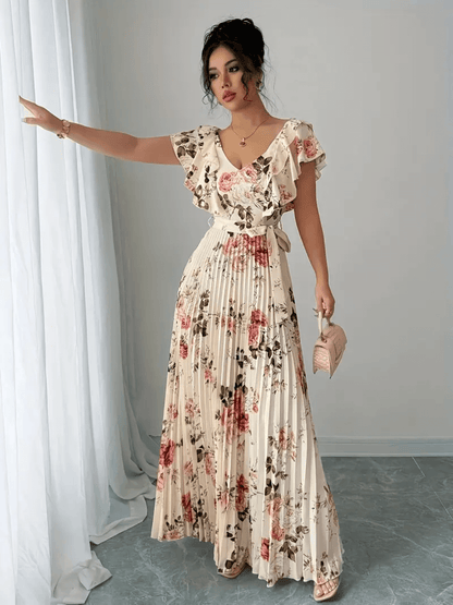 Vestido Feminino Longo Floral com Babados Saia Plissada e Faixa Removível na Cintura  – Laís