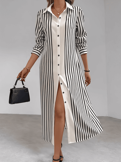 Vestido Feminino Chemise com Listras Verticais  Botões Frontais e Acabamento Elegante nos Punhos – Julia