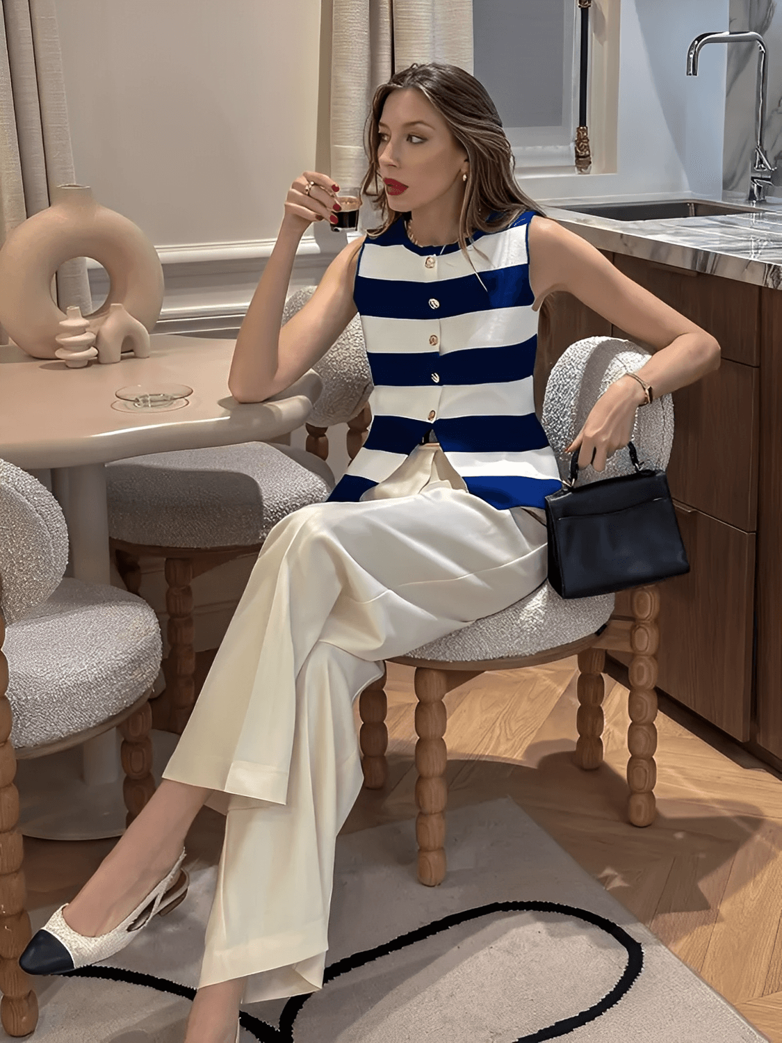 Blusa Feminina em Viscose com Listras Sofisticadas e Fechamento em Botões Dourados - Belinda