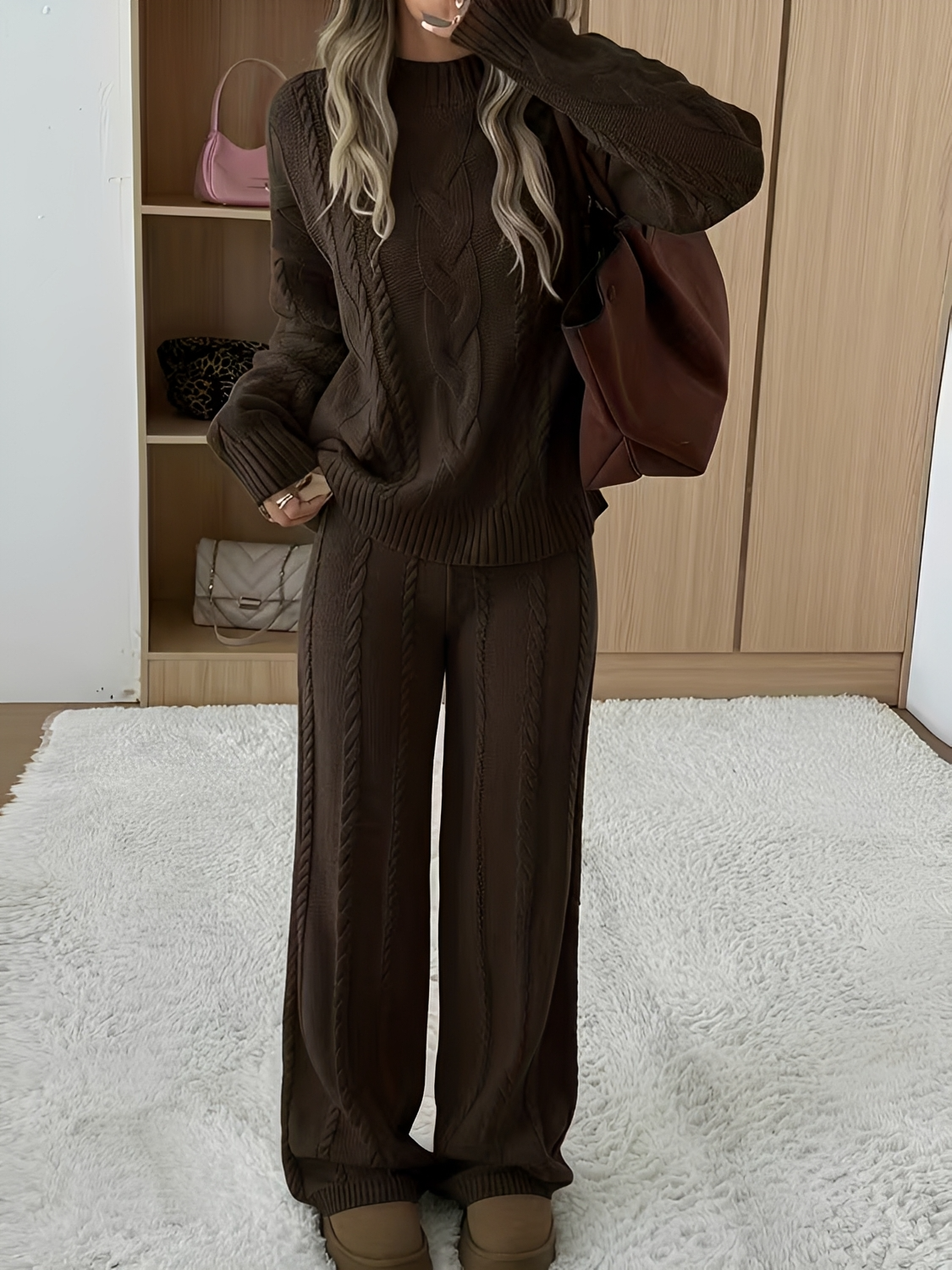 Conjunto em Tricô Trançado com Suéter Gola Alta e Calça Wide Leg - Sylvie