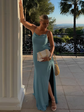 Vestido Longo de Festa Acetinado Alças Finas e Costas Vazadas em V– Alya