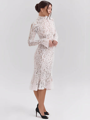 Vestido Midi  Godê em Renda Floral de Gola Alta e Manga Flare – Nagyla