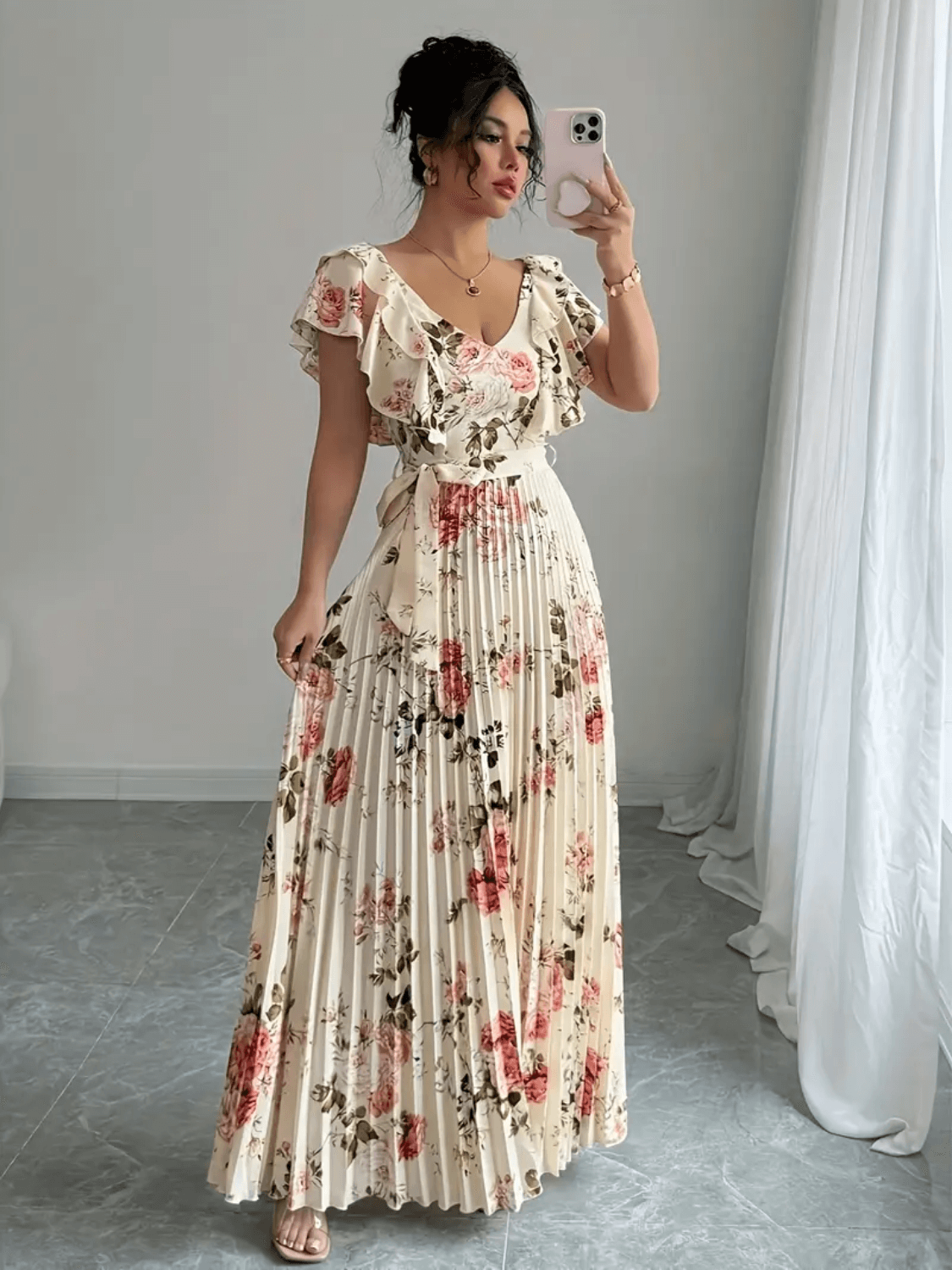 Vestido Feminino Longo Floral com Babados Saia Plissada e Faixa Removível na Cintura  – Laís