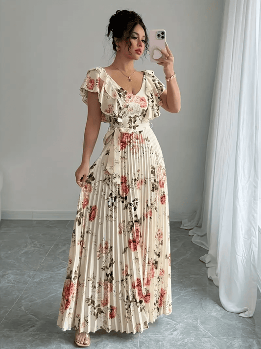Vestido Feminino Longo Floral com Babados Saia Plissada e Faixa Removível na Cintura  – Laís