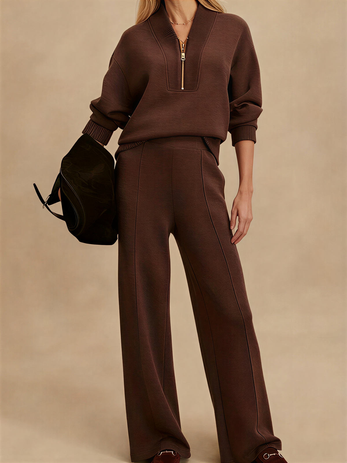 Conjunto com Suéter Gola V Canelada Estruturada e Calça Wide Leg – Louise