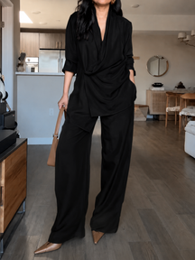 Conjunto com Blusa Envelope Assimétrica e Calça Pantalona Elegante - Ohana