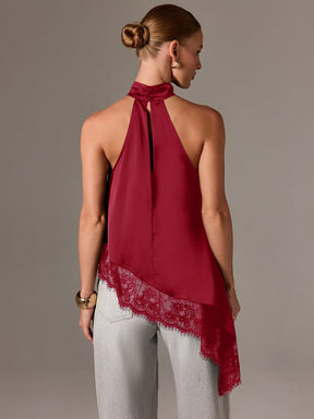 Blusa Halter Acetinada com Barra Assimétrica em Renda Delicada – Ximena