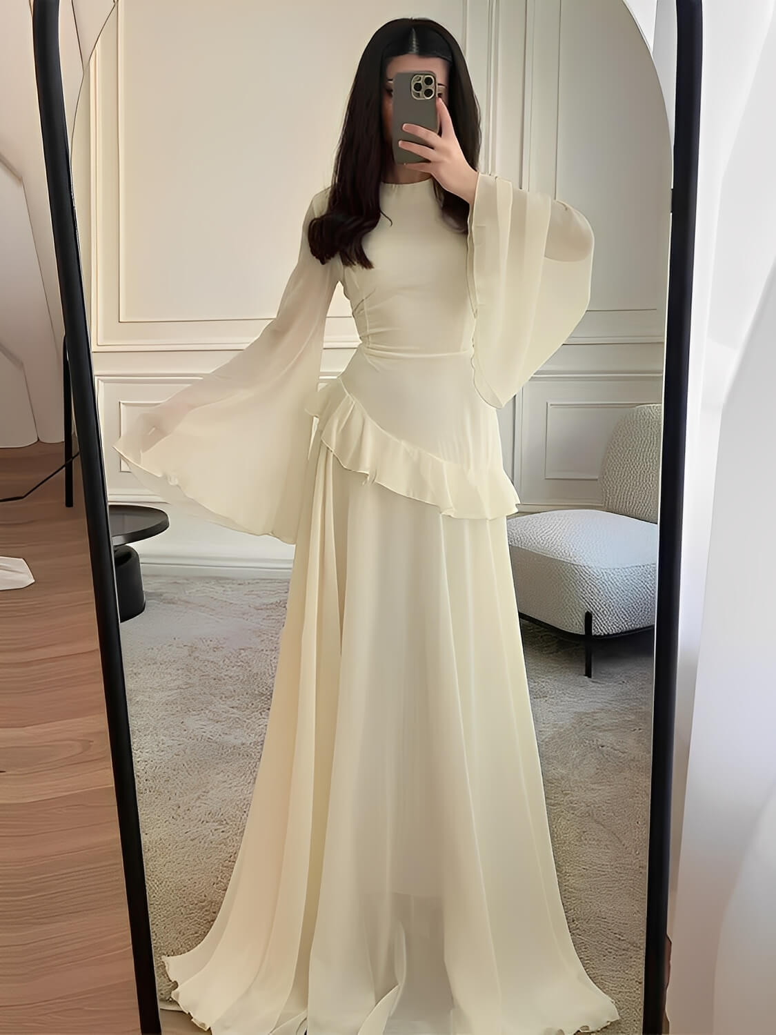 Vestido Longo de Festa em Chiffon com Manga Sino Babado e Amarração - Rubia