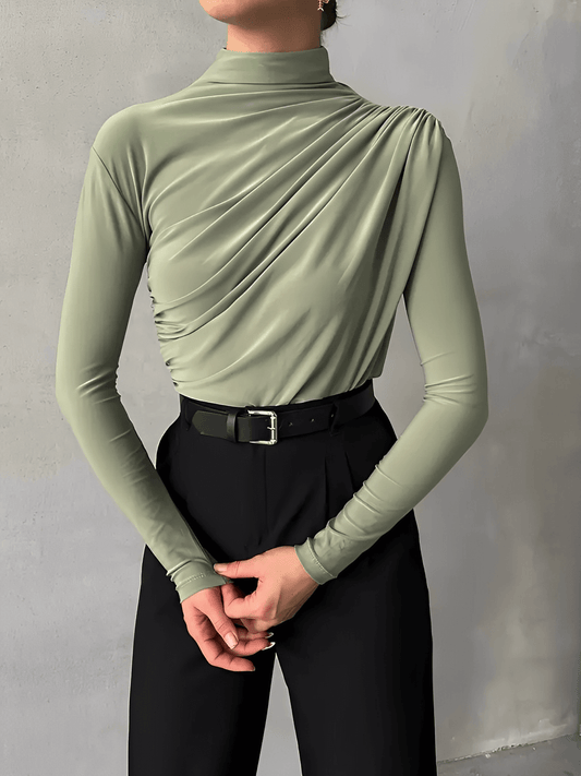 Blusa Feminina de Manga Longa com Gola Alta e Design Franzido Frontal – Layla