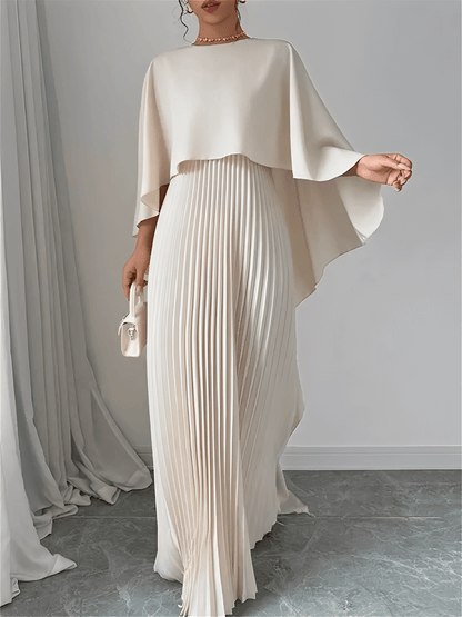 Vestido Feminino Longo de Festa Plissado com Capa Peplum Elegante Embutida – Loren