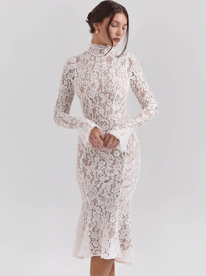 Vestido Feminino Midi em Renda Floral com Leve Godê Gola Alta e Manga Flare – Nagyla