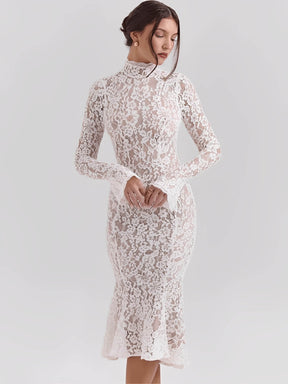 Vestido Midi  Godê em Renda Floral de Gola Alta e Manga Flare – Nagyla