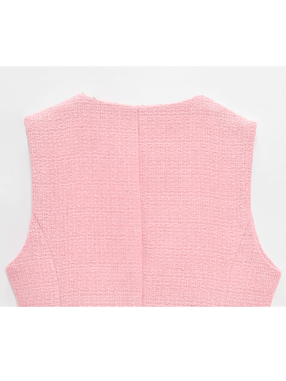 Colete Feminino Tweed Acinturado com Cinto e Bolsos Decorativo - Corine