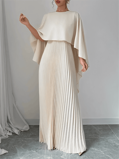 Vestido Feminino Longo de Festa Plissado com Capa Peplum Elegante Embutida – Loren
