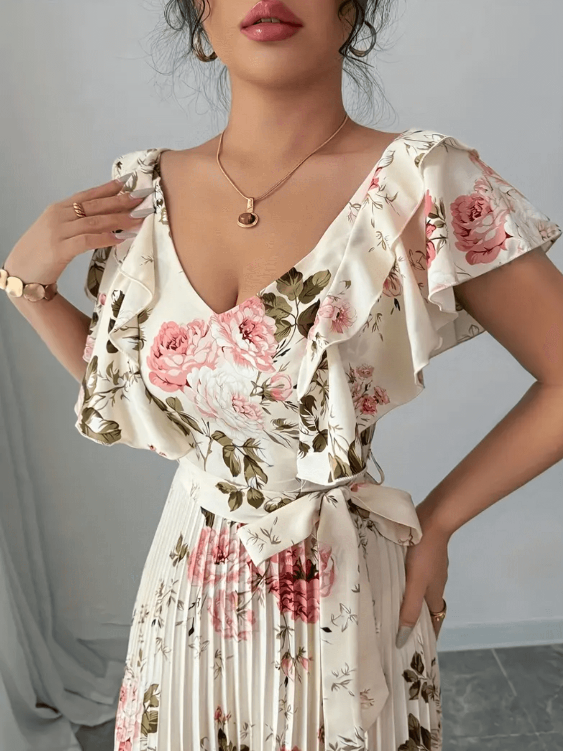 Vestido Feminino Longo Floral com Babados Saia Plissada e Faixa Removível na Cintura  – Laís