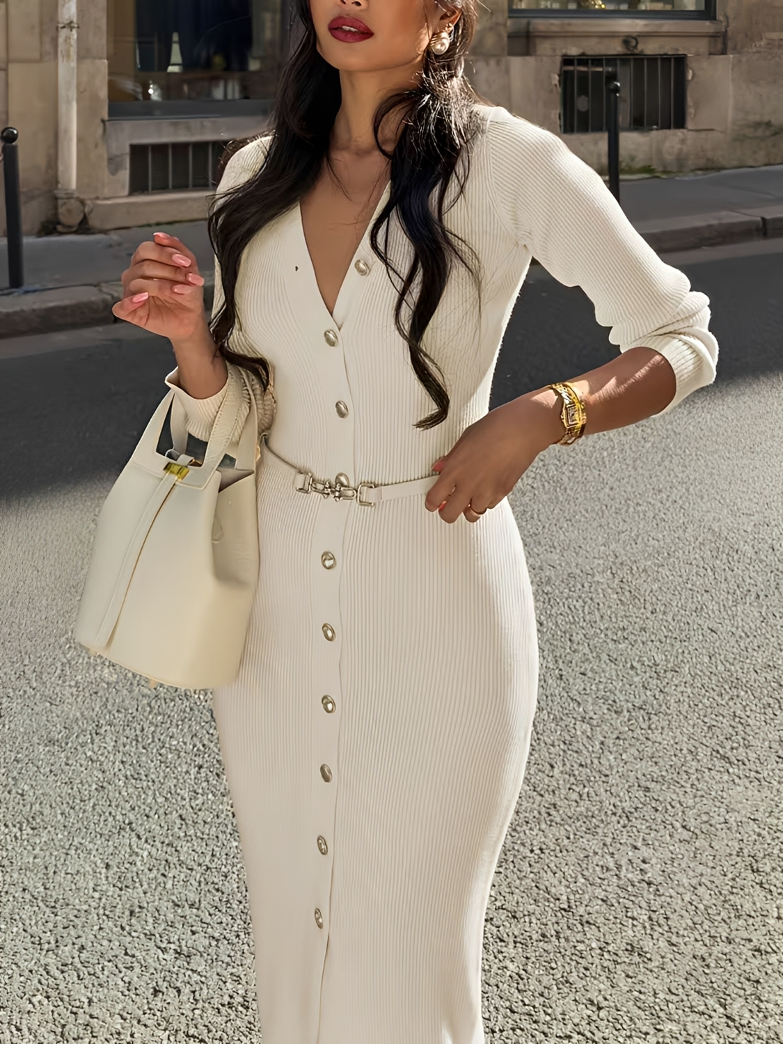 Vestido Midi Canelado Manga Longa com Decote V e Botões Frontais - Iracema