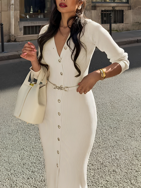 Vestido Midi Canelado Manga Longa com Decote V e Botões Frontais - Iracema