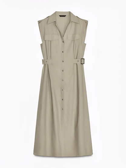 Vestido Feminino Midi Chemise Sem Mangas com Botões Frontais Bolsos Decorativos e Fivelas Laterais – Melina