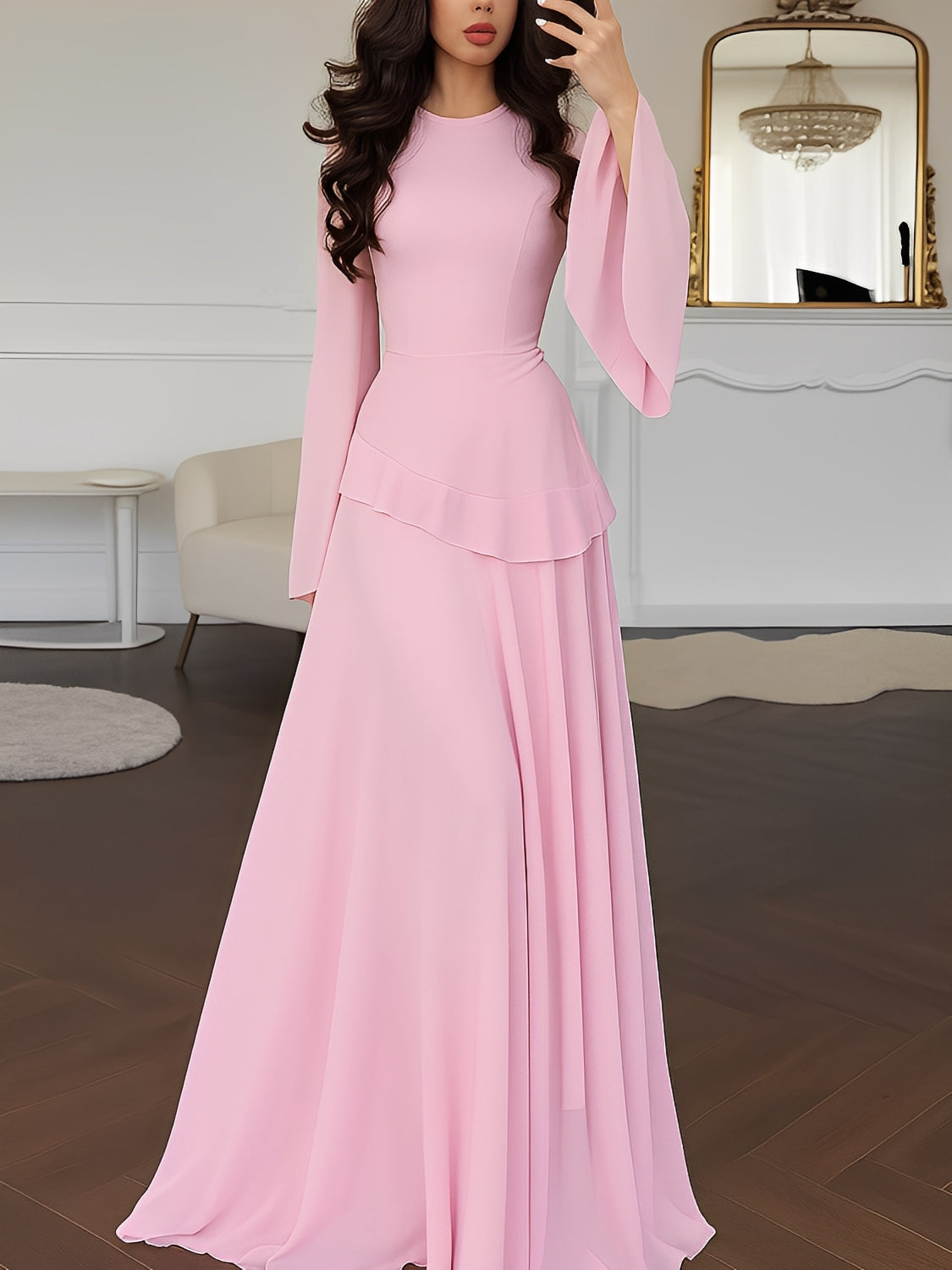 Vestido Longo de Festa em Chiffon com Manga Sino Babado e Amarração - Rubia