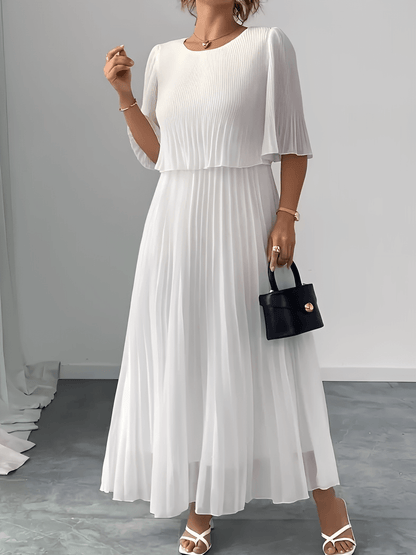 Vestido Feminino Longo Plissado em Chiffon com Duas Camadas Efeito Saia e Blusa – Marcela