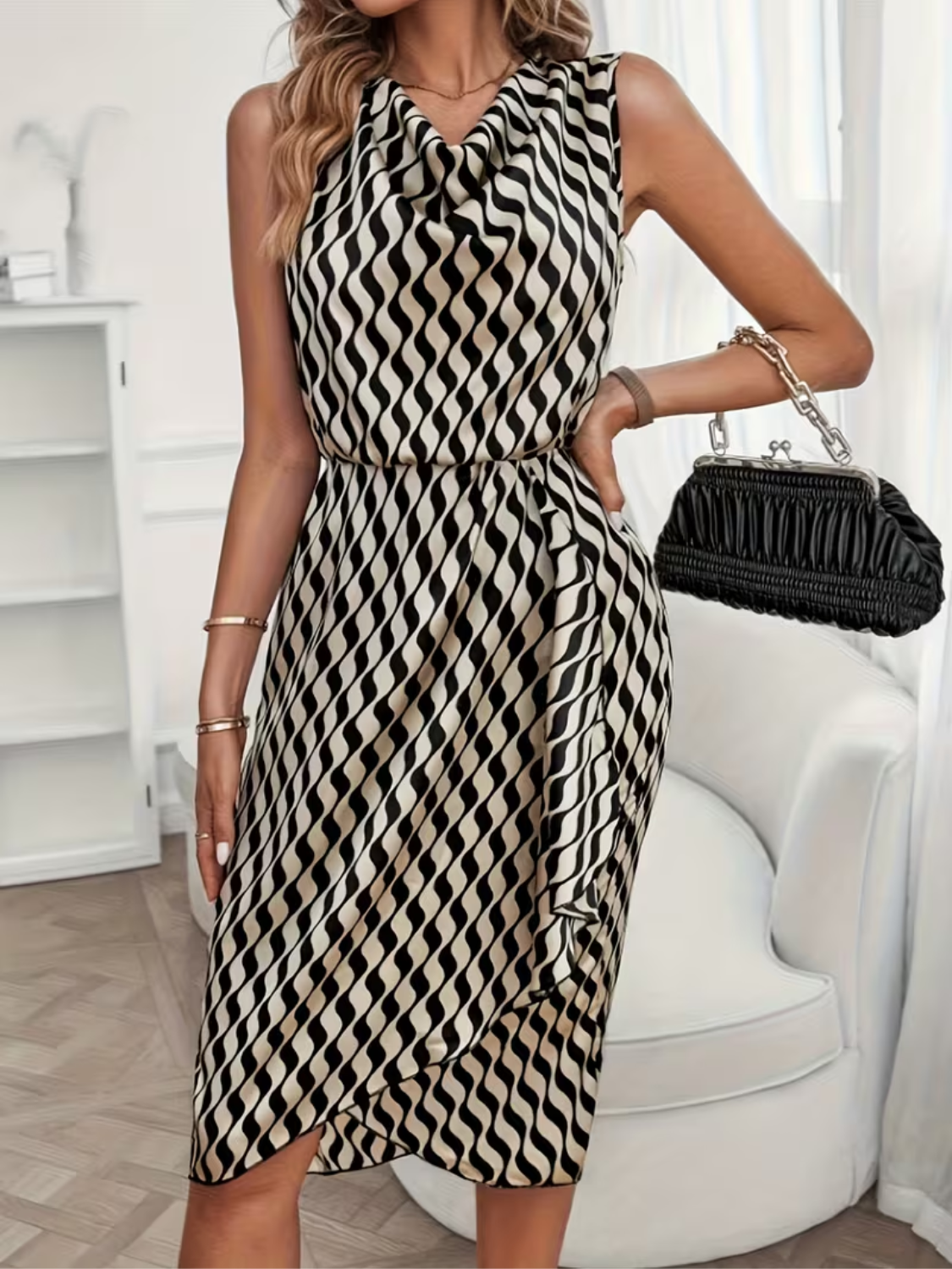 Vestido Midi Acetinado Estampado Assimétrico com Gola Solta – Maryam [FRETE FULL]