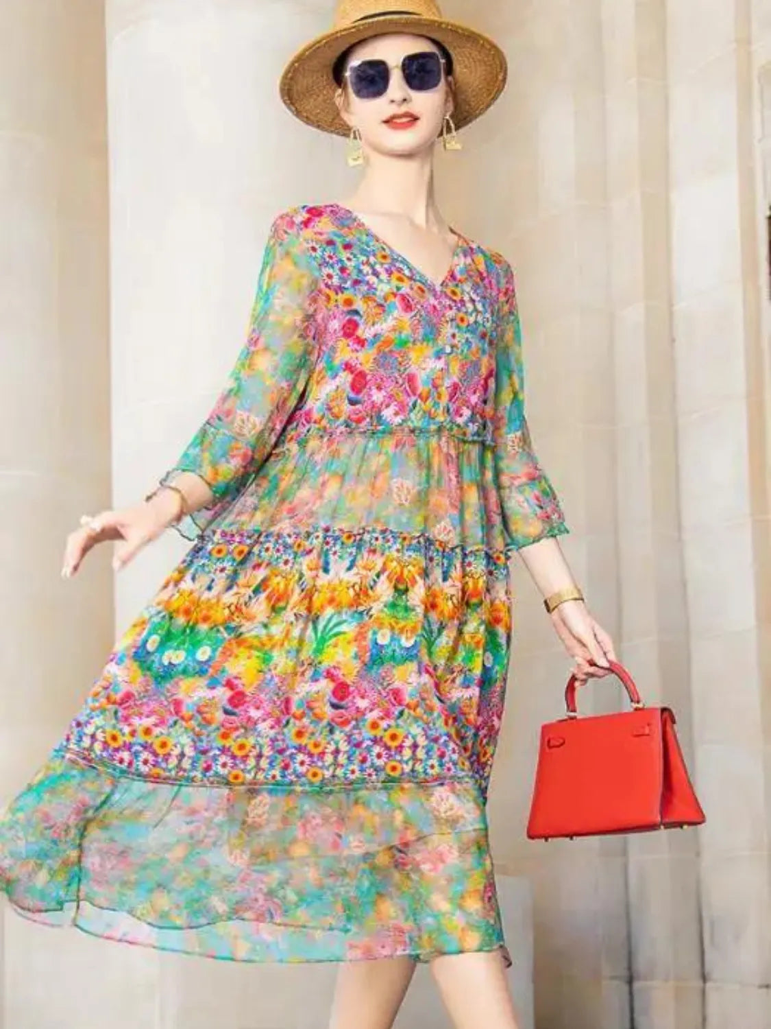 Vestido Midi Floral em Chiffon Estampado com Mangas Longas – Keila