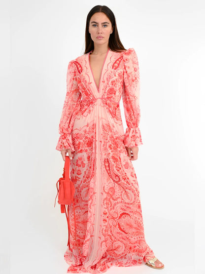 Vestido Feminino Longo Estampado de Manga Longa e Acinturado - Clarisse