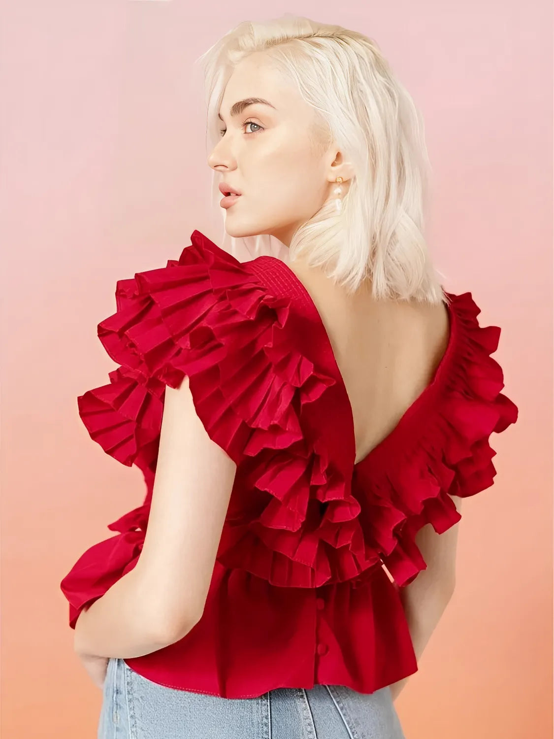Blusa Feminina com Babados Decote em V com Botões - Isabella