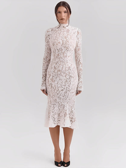 Vestido Feminino Midi em Renda Floral com Leve Godê Gola Alta e Manga Flare – Nagyla